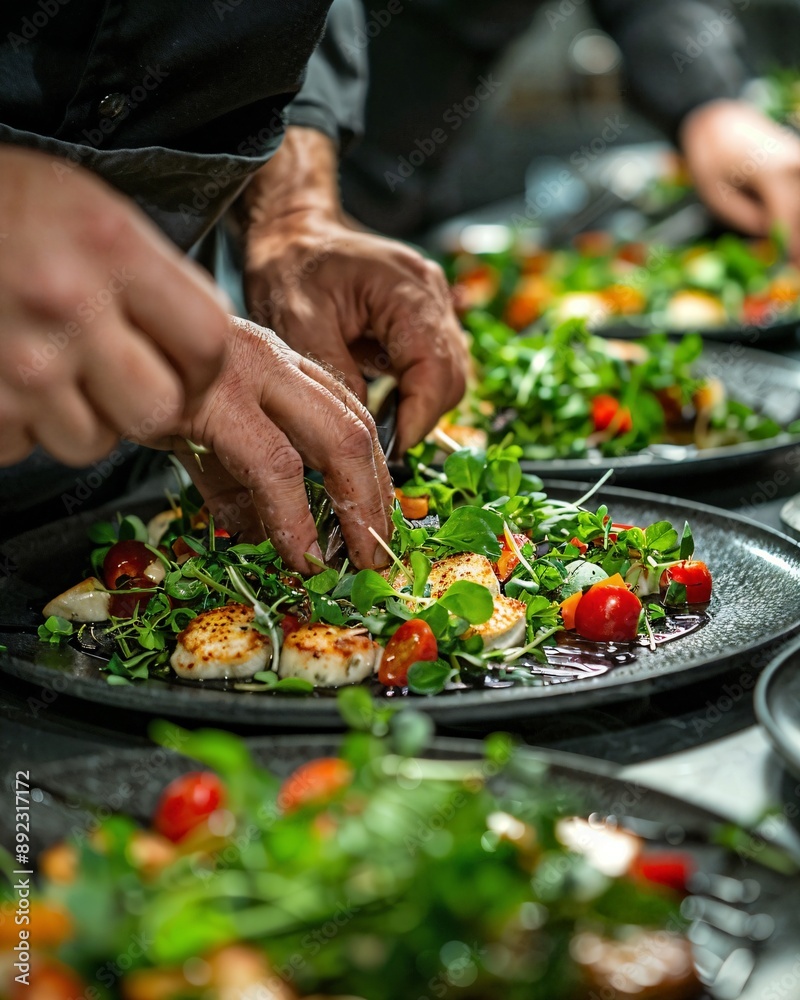 a person cutting a salad on top of a black plate a person cutting a salad on top of a black plate