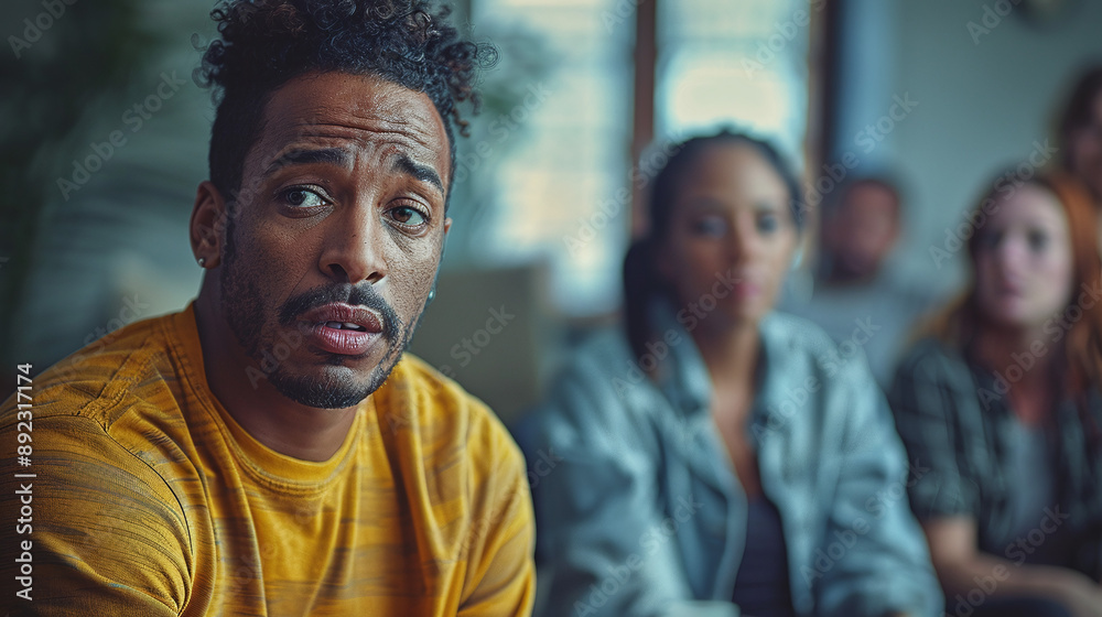 Fototapeta premium Portrait of a man in a support group setting.