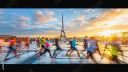 Fototapeta Naklejka Na Ścianę i Meble -  running people motion blur, Eiffel tower in background