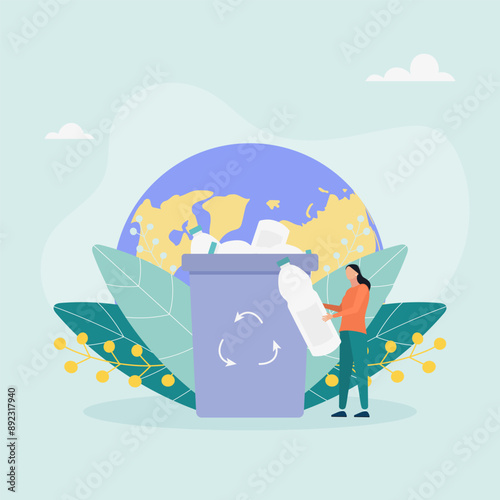 The character sorts garbage into containers for recycling and reuse. Garbage recycling. Zero waste concept. Vector illustration.	