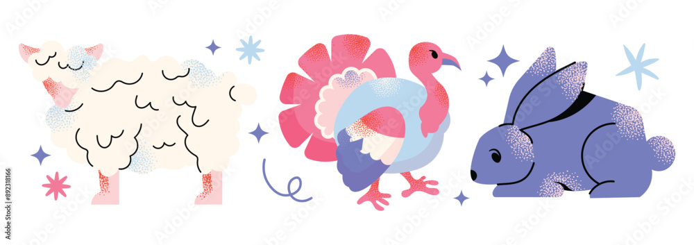 Fototapeta premium Big vector farm animals set. Big collection with cow, sheep, turkey, rabbit, duck, hen, pig. Food for animals. Countryside, agriculture. Cute farm animal isolated on white background