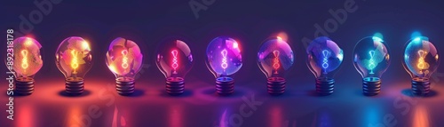 Abstract row of isometric creative light bulbs with a sense of future technology, future technology, smart light bulbs, metallic luster, cold colors, high definition, futuristic sense, creative creati photo