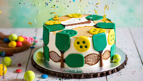 A vibrant and playful photograph of a decadent birthday cake situated on a wooden pickleball paddle or a pickleball-themed tablecloth, surrounded by a scattering of pickleballs, generative ai