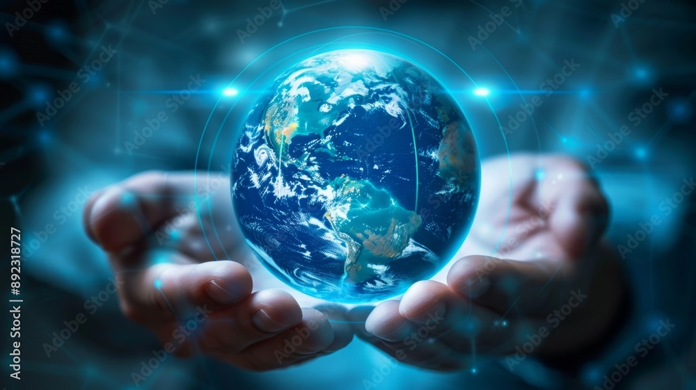 Hands holding a glowing Earth globe, symbolizing global connectivity, technological advancements, human responsibility, and the future of our planet. Hands holding a glowing Earth globe, symbolizing global connectivity, technological advancements, human responsibility, and the future of our planet.