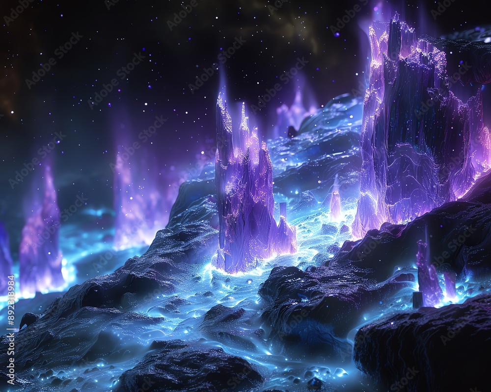 Abstract 3D terrain with glowing, crystalline musical formations and a dark, atmospheric background Abstract 3D terrain with glowing, crystalline musical formations and a dark, atmospheric background