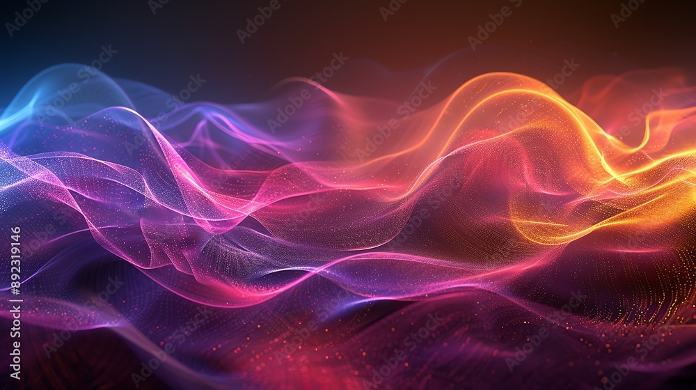 Dynamic 3D waves of color and light, resembling a flowing musical energy field Dynamic 3D waves of color and light, resembling a flowing musical energy field