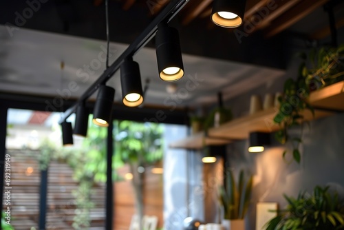 Close-Up of Black Track Lighting System in Modern Home Interior Design