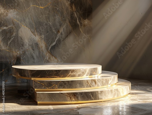Elegant 3D podium made of marble with gold accents, set against a soft spotlight, exuding luxury and sophistication