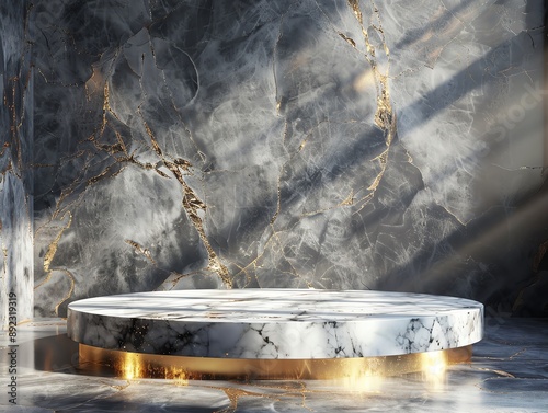 Elegant 3D podium made of marble with gold accents, set against a soft spotlight, exuding luxury and sophistication