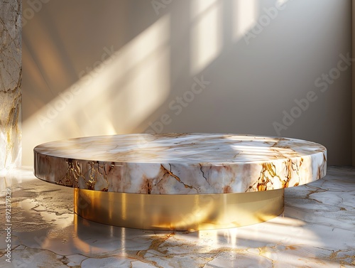 Elegant 3D podium made of marble with gold accents, set against a soft spotlight, exuding luxury and sophistication