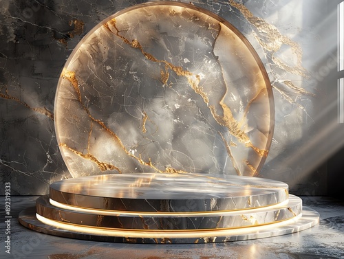 Elegant 3D podium made of marble with gold accents, set against a soft spotlight, exuding luxury and sophistication photo