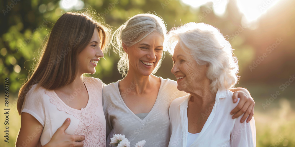 © Iryna - Three generations of women smiling and hugging together in a park, enjoying their time outdoors.