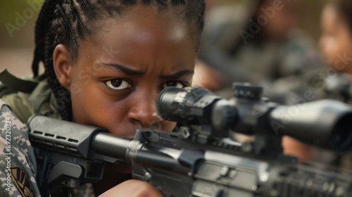 Black female soldier aiming a rifle during military training.