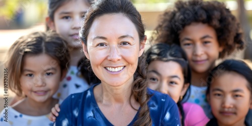 An Asian nurse walk with a group of diverse children, enjoying a cheerful moment together.