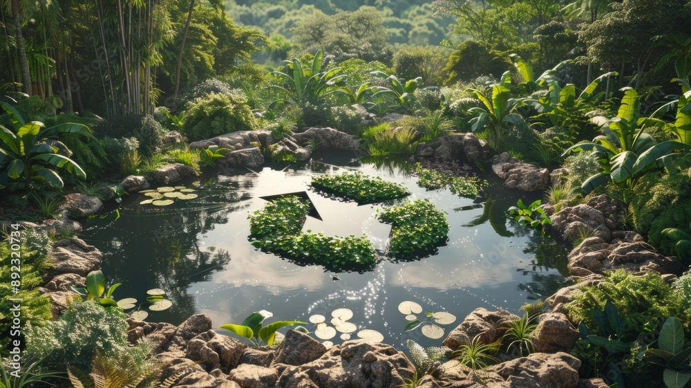 A tranquil pond in a lush jungle with a reflection of a recycling symbol on the water, symbolizing sustainability, eco-friendliness, and the harmony of nature. A tranquil pond in a lush jungle with a reflection of a recycling symbol on the water, symbolizing sustainability, eco-friendliness, and the harmony of nature.