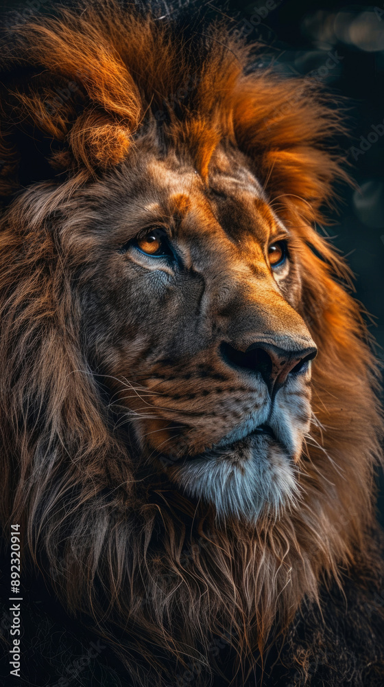 Fototapeta premium A majestic lion with a golden mane stares intently into the distance, showcasing its power, wisdom, and strength. The close-up view captures the intricate details of its fur, eyes, and facial features