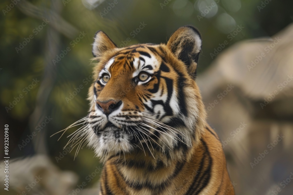 Fototapeta premium A close-up portrait of a magnificent tiger, showcasing its striking orange and black stripes, piercing gaze, and intricate facial markings. The tiger's presence is both powerful and captivating. The g