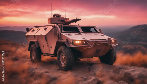 An armored vehicle stationed on a rocky hillside at sunset, with the sky ablaze with orange and pink 