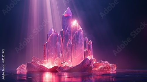 3D abstract podium with a crystalline structure, emitting a radiant glow, set against a dark backdrop