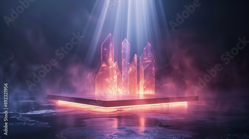 3D abstract podium with a crystalline structure, emitting a radiant glow, set against a dark backdrop