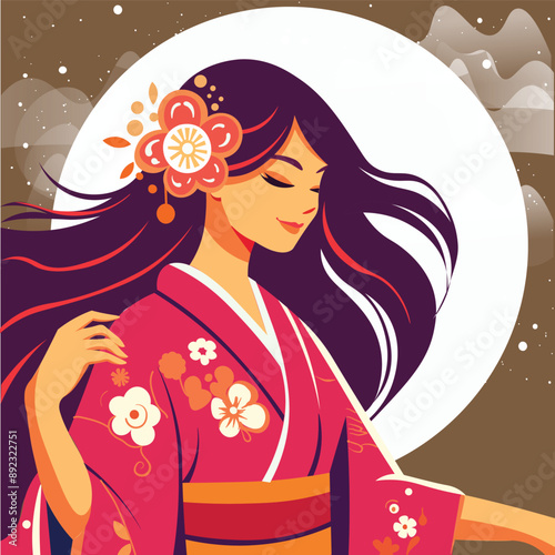 Flat vector of a young japanese woman with wild windy hair and a pink kimono under moonlight. Illustration of an asian girl in traditional floral clothes