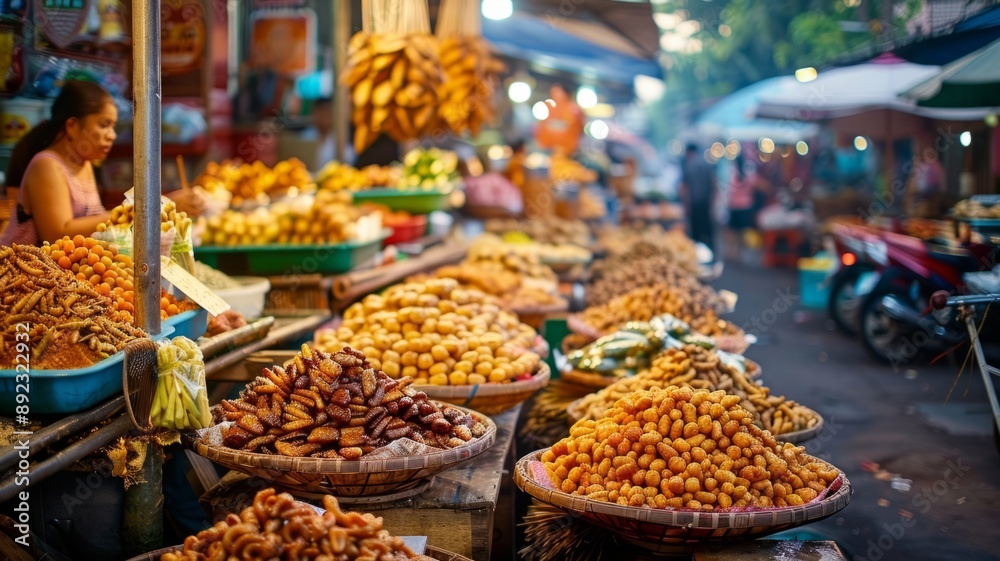 Fototapeta premium A bustling Asian market showcasing a colorful array of dried fruits, nuts, and other local delicacies, capturing the vibrant energy of street food culture.