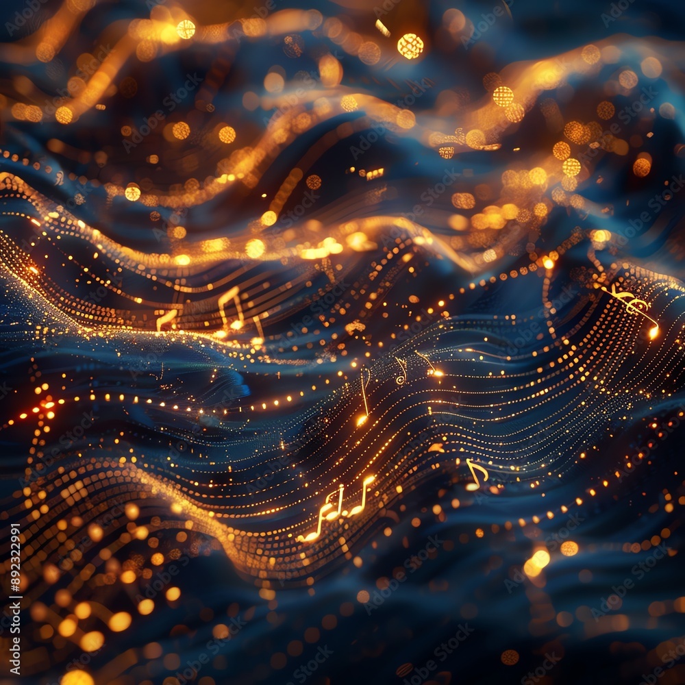 Elegant 3D abstract background featuring a network of gold musical notes on a deep blue gradient Elegant 3D abstract background featuring a network of gold musical notes on a deep blue gradient