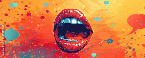 A red lip with a blue and green background. The lip is open and the background is splattered with paint