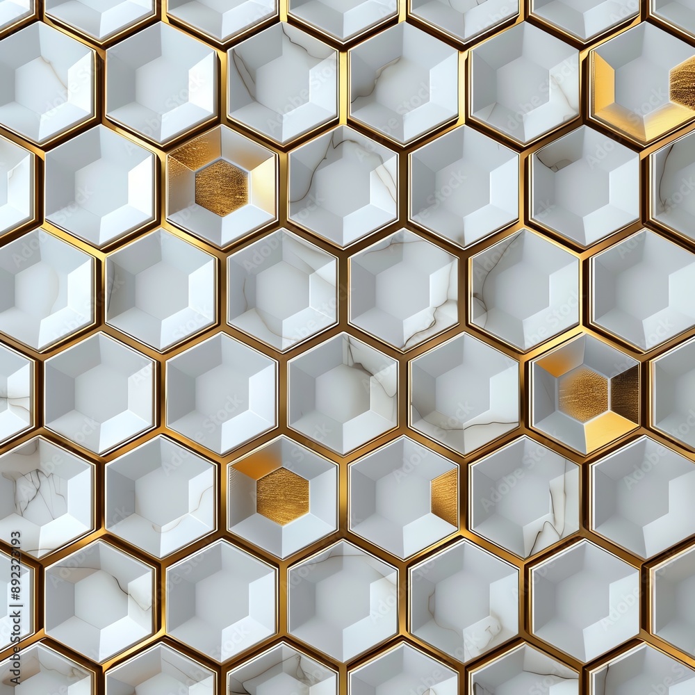 Elegant 3D pattern of white hexagons with gold accents, creating a luxurious appearance Elegant 3D pattern of white hexagons with gold accents, creating a luxurious appearance