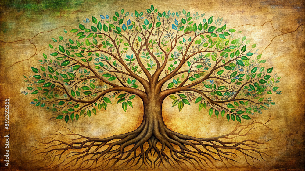 custom made wallpaper toronto digitalHand-drawn illustration of a lush family tree with intertwined branches, roots, and leaves, symbolizing love, connection, and generational heritage on a warm, textured background.