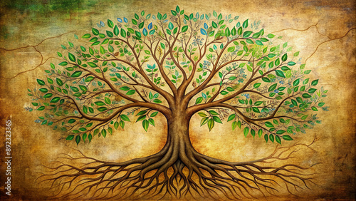 Hand-drawn illustration of a lush family tree with intertwined branches, roots, and leaves, symbolizing love, connection, and generational heritage on a warm, textured background.