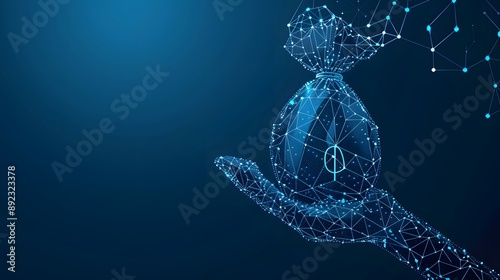 Abstract hand holding a money bag form lines and triangles, point connecting network on blue background. Illustration vector. 