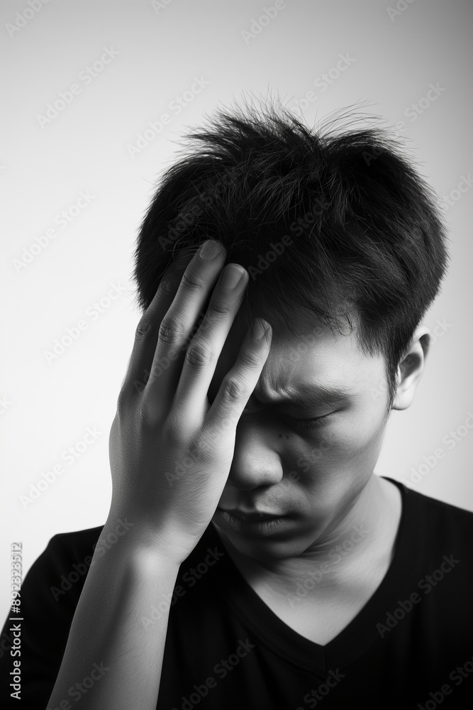 Portrait of young man isolated on isolated background suffering from severe headache. Pressing fingers to temples. Closing eyes to relieve pain Portrait of young man isolated on isolated background suffering from severe headache. Pressing fingers to temples. Closing eyes to relieve pain
