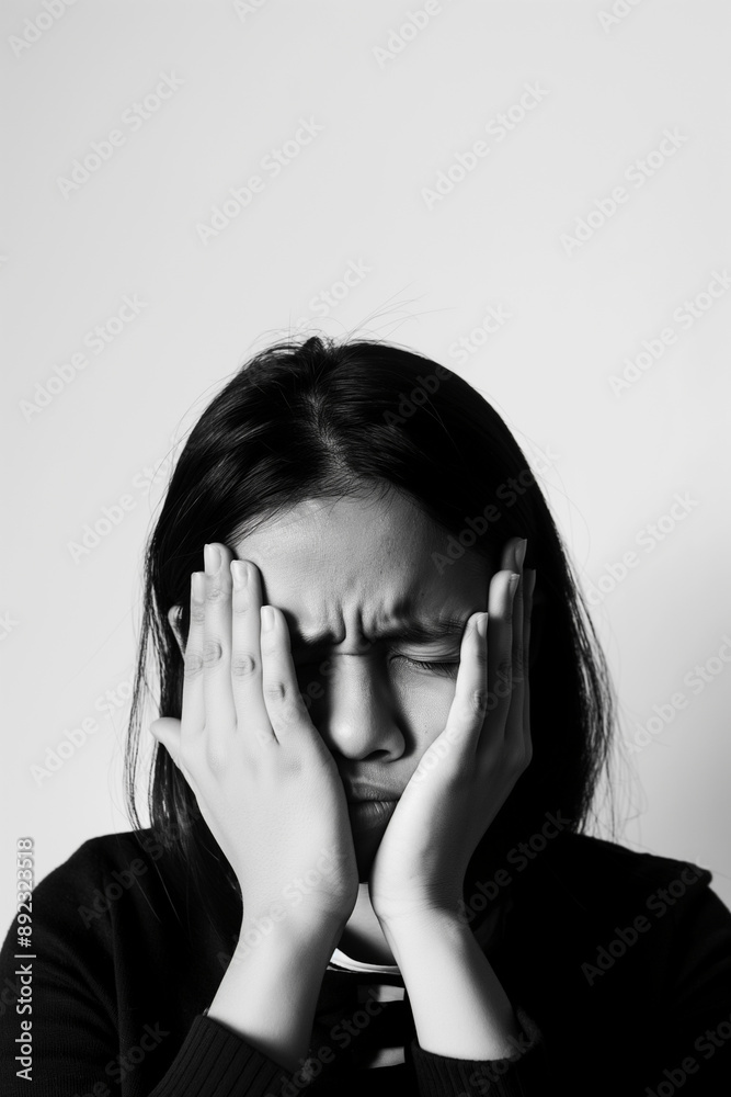 Portrait of young man isolated on isolated background suffering from severe headache. Pressing fingers to temples. Closing eyes to relieve pain Portrait of young man isolated on isolated background suffering from severe headache. Pressing fingers to temples. Closing eyes to relieve pain