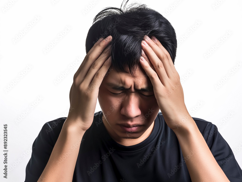 Fototapeta premium Portrait of young man isolated on isolated background suffering from severe headache. Pressing fingers to temples. Closing eyes to relieve pain