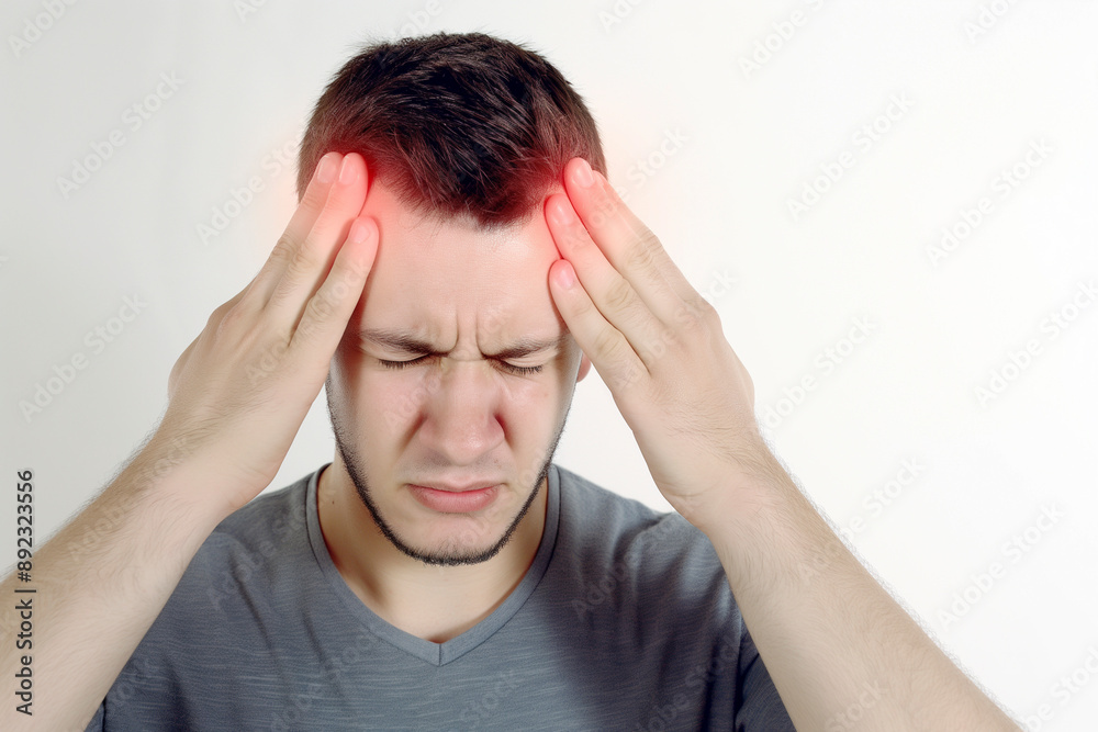 Portrait of young man isolated on isolated background suffering from severe headache. Pressing fingers to temples. Closing eyes to relieve pain Portrait of young man isolated on isolated background suffering from severe headache. Pressing fingers to temples. Closing eyes to relieve pain
