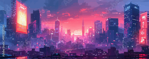 A cityscape with neon lights and a large billboard in the background. The city is bustling with activity and the sky is filled with a beautiful sunset. Scene is energetic and vibrant