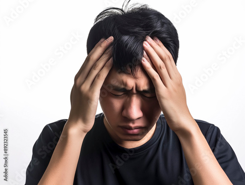 Portrait of young man isolated on isolated background suffering from severe headache. Pressing fingers to temples. Closing eyes to relieve pain