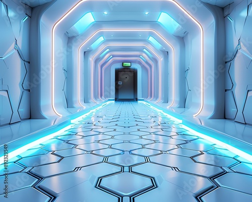 Futuristic 3D floor with white hexagonal tiles and neon blue outlines, creating a tech-savvy look photo