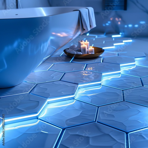 Futuristic 3D floor with white hexagonal tiles and neon blue outlines, creating a tech-savvy look photo