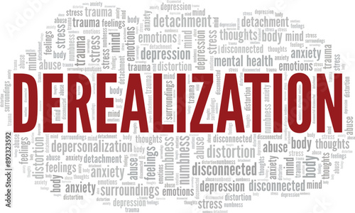 Derealization word cloud conceptual design isolated on white background.