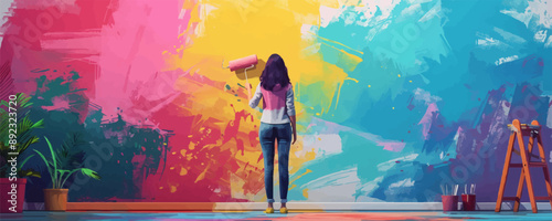 A woman is painting a wall with a brush. The wall is colorful and has a mural on it. The woman is standing in front of the wall, holding a paintbrush. Concept of creativity and artistic expression