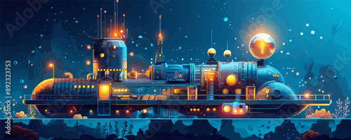 A futuristic train with a glowing engine and a glowing dome on top. The train is surrounded by a dark blue sky with stars and a few fish swimming in the background. Scene is one of wonder
