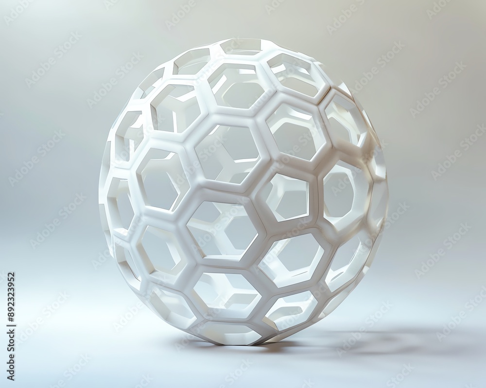 Geometric 3D sphere of white hexagons with translucent layers, casting dynamic shadows Geometric 3D sphere of white hexagons with translucent layers, casting dynamic shadows
