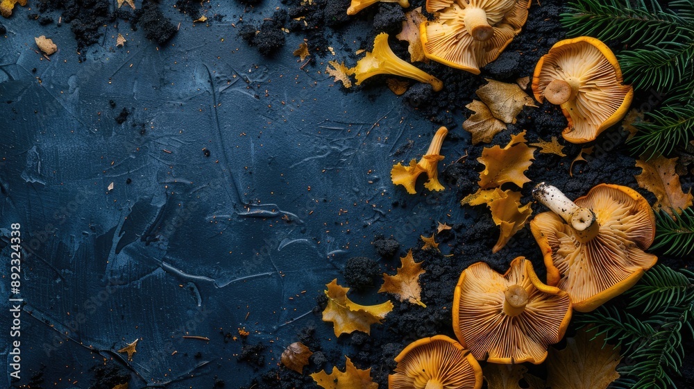 Top down view of chanterelle mushrooms soil and pine branches on dark blue backdrop with space for text Top down view of chanterelle mushrooms soil and pine branches on dark blue backdrop with space for text