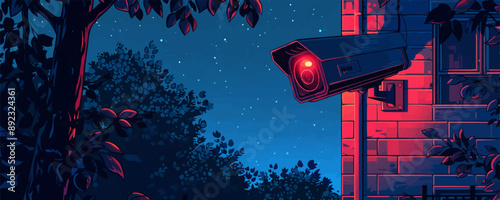 CCTV camera on the facade of the building, public safety of the urban environment, technology for surveillance at night on the street. vector simple illustration