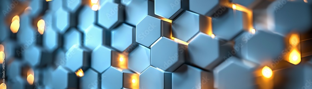 Organic 3D pattern of white hexagons with bioluminescent edges, set in a dark environment Organic 3D pattern of white hexagons with bioluminescent edges, set in a dark environment