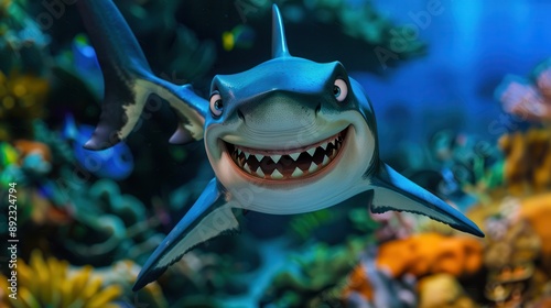 A cartoon image of a shark with a wide smile swimming in the water. 