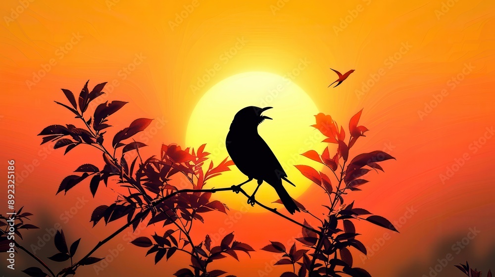 Fototapeta premium An animated image of a singing bird against the background of the rising sun. A beautiful bird sitting on a tree branch