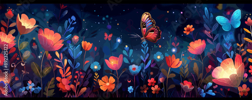 Dreamy celestial garden with glowing flowers, celestial bodies, and ethereal butterflies. Vector flat minimalistic isolated illustration.